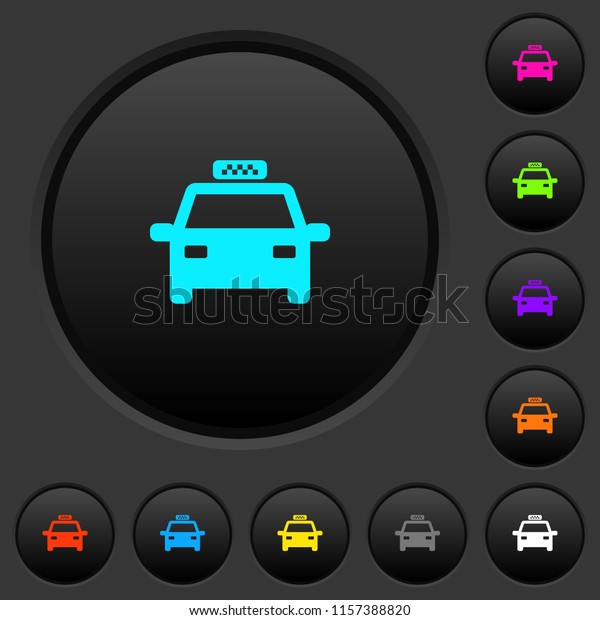 Taxi car dark push buttons with vivid color\
icons on dark grey\
background