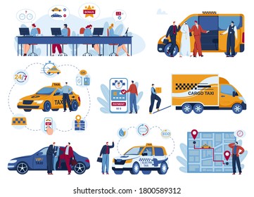 Taxi car delivery app vector illustration set. Cartoon flat delivering mobile transport service application to online order, pay or book of passenger taxi cab, cargo transportation isolated on white