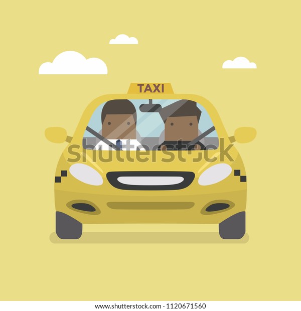 Taxi car and taxi driver with African\
businessman passenger.