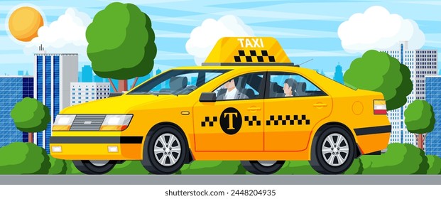 Taxi Car with Driver and Cityscape. Yellow Taxi Sedan Cab Icon. Call or App Taxi Concept. City Transport Service. Urban Transportation Concept. Cartoon Flat Vector Illustration