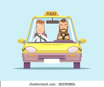 Taxi car and taxi driver with passenger. Vector flat illustration