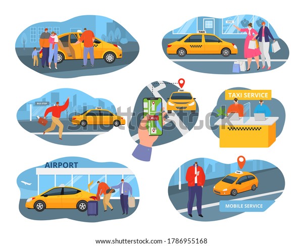 Taxi car driver and service icons set with\
transport, people using taxicab and taxi system elements flat\
isolated vector illustrations set. Passengers order taxi\
transportation vehicle, yellow\
auto.