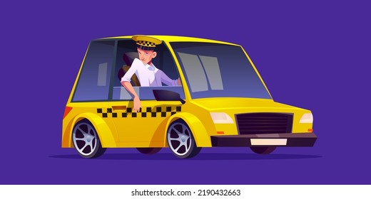 Taxi car with driver in uniform. Taxi service, commercial transportation. Professional cabman, chauffeur in shirt sitting in yellow vehicle isolated on background, vector cartoon illustration