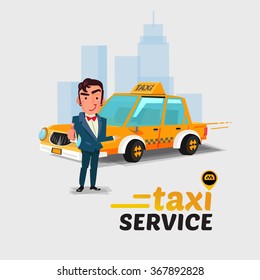 taxi car and driver in welcome action. taxi concept concept. character design - vector illustration