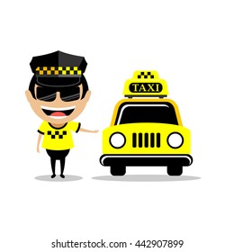 Taxi car and driver in welcome action. character design - vector illustration taxi concept concept. character design - vector illustration