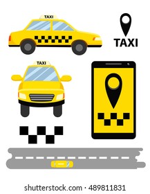  Taxi car in flat style. Online service. Call taxi with smartphone.