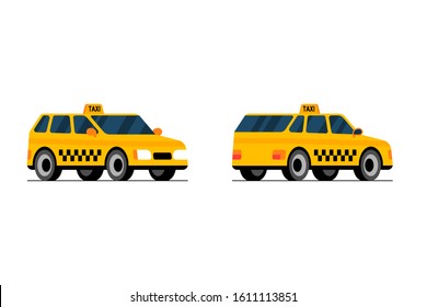 Taxi car front and back side perpective view. Yellow cab city service transport set flat vector cartoon style illustration