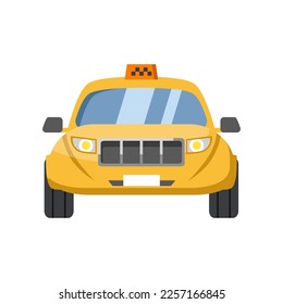Taxi car front view cartoon vector illustration. Yellow transport vehicle, taxi on white background. Means of transport, travel transportation concept