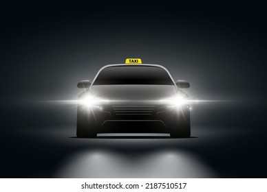 Taxi car front view in dark. Vector background night front view taxi car flash light head design