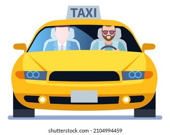 Vista frontal de los taxis con conductor y pasajero. Cabina amarilla