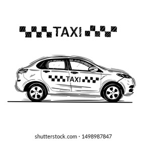 Taxi Car In Graphic Style From Hand Drawing Image. Handwritten Sketch. Vector Illustration.