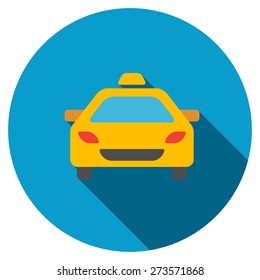 Taxi car icon. Flat round button with long shadow.