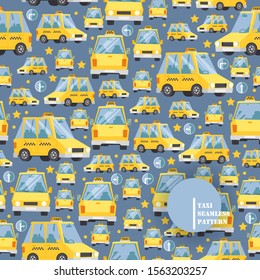 Taxi car icons in seamless pattern, vector illustration. Yellow cab in cartoon style, many vehicles in different angles, taxi service background. Paper or fabric print for children, funny cars