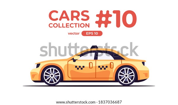 Taxi car isolated on white background. Flat\
style eps10 illustration. Vehicle set. Side view. Simple modern\
design. Icons collection. Yellow\
car.