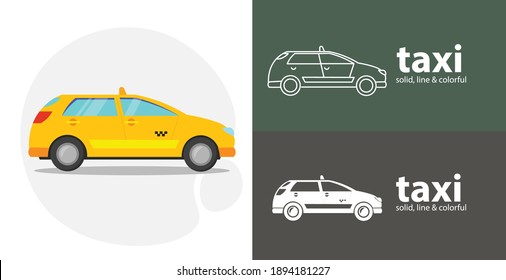 herramienta aislada de coche de taxi icono plano con taxi sólido, iconos de línea