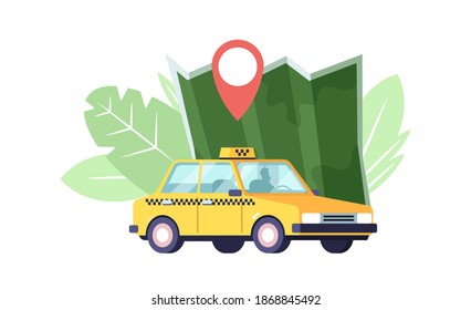 Taxi Car, Map and Navigation Pin, Yellow Taxicab Sedan with Checker Oracle and Light Box on Roof. Automobile Taxi Service, Urban Logistic Passenger Transport Company. Cartoon Vector Illustration