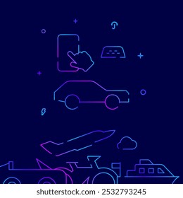 Taxi car mobile app gradient line vector icon, simple illustration on a dark blue background, city transport related bottom border.