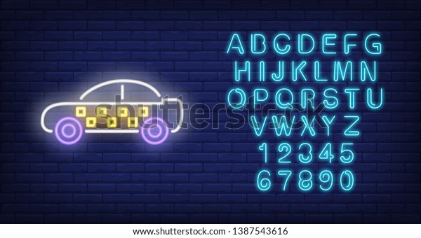 Taxi car neon sign. Car with taxi design on side.\
Night bright advertisement. Vector illustration in neon style for\
vehicle and service