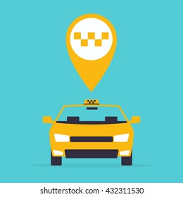 Taxi car on blue background and yellow gps pointer map with taxi icon. Flat styled vector illustration.