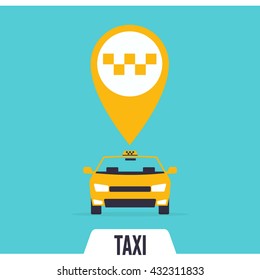 Taxi car on blue background and yellow gps pointer map with taxi icon. Flat styled vector illustration.