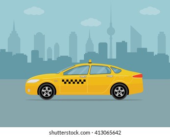 Taxi car on city background. Flat styled vector illustration.

