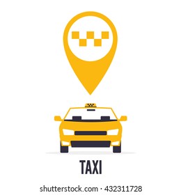 Taxi car on white background and yellow gps pointer map with taxi icon. Flat styled vector illustration.