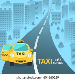 The taxi car with an open passenger door on the city street. Customer service of a taxi 24\7. A vector illustration in flat style for a banner, a poster, advertizing, the business card.