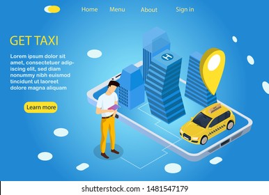 
Taxi car ordered from the phone. A man found his taxi in the city. Vector isometric style illustration. A modern and convenient online taxi service Customer interaction with the app.