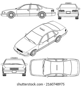 El contorno de los coches de taxi se basa en líneas negras aisladas en fondo blanco. Vista isométrica, lateral, frontal, trasera, superior. Ilustración vectorial.