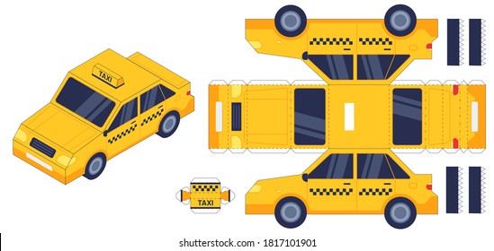 Taxi car paper cut toy. Worksheet with gaming puzzle elements. Kids crafts for birthday gift. Cut and glue paper auto 3d model vector set. Activity page, educational riddle for children