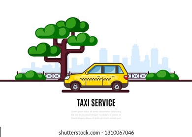 Taxi car parking along the city street. Taxi service flat style concept banner.