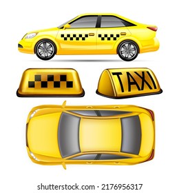 vector realista de coche de taxi. servicio de taxi del conductor, pasajero feliz, señal de tráfico, vehículo amarillo de la calle taxi coche 3d ilustración aislada