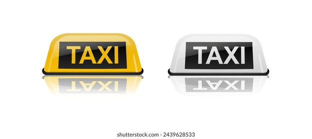 Taxi car roof sign yellow and white with reflection. Realistic illustration isolated on white. Vector