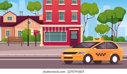 Taxi car service cab standing on city street road door concept. Vector graphic design illustration element
