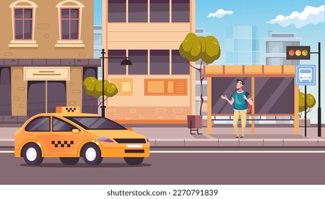 Taxi car service cab standing on city street road door concept. Vector graphic design illustration element
