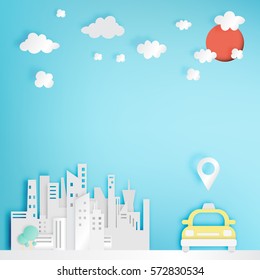 Taxi car service in the city paper art style vector illustration