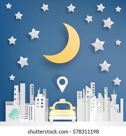 Taxi car service in the city paper art style vector illustration