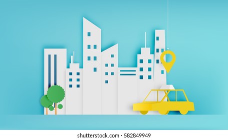 Taxi car service in the city paper art style vector illustration