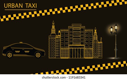 Taxi car side view - building, lamppost, icon symbol - black background - vector
