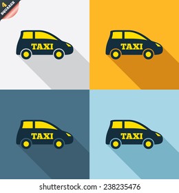 Taxi car sign icon. Hatchback symbol. Transport. Four squares. Colored Flat design buttons. Vector