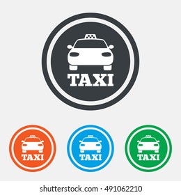 Taxi car sign icon. Public transport symbol. Graphic design web element. Flat taxi symbol on the round button. Vector