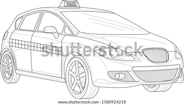 Taxi car sketch. Vector illustration in black\
and white. Coloring paper, page,\
book