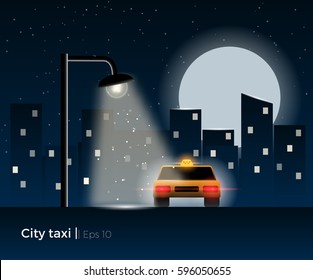 Taxi car standing under the lantern light, surrounded by a night city silhouette and shining moon. Stylish vector illustration with light effects and simple details.