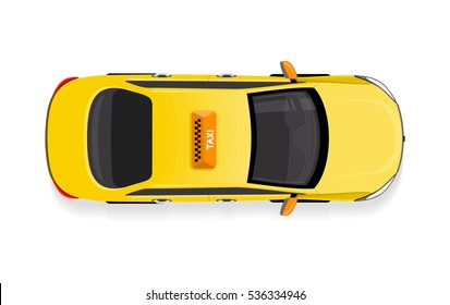 Taxi Car Top View Icon. Yellow Taxicab Sedan With Checker Top Light Box On Roof Flat Style Vector Illustration Isolated On White Background. For Taxi Service App, Transport Company Ad, Infographics 