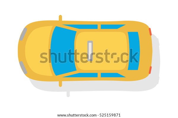 Taxi car top view icon. Yellow taxicab\
sedan with checker top light box on roof flat style vector\
illustration isolated on white background. For taxi service app,\
transport company ad, infographics\
