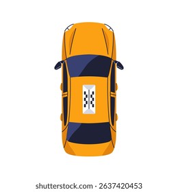 Taxi car, top view. Yellow cab with checkered sign on rooftop. Urban transport service, city auto. Modern automotive vehicle from above, overhead. Flat vector illustration isolated on white background