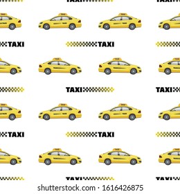 Taxi car. Vector background. Yellow car with a logo. Taxi order concept. Seamless pattern on a white background. Template for textile or website design.