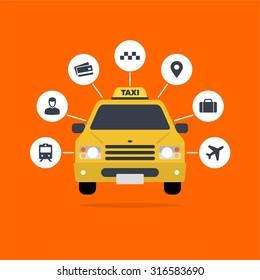 Taxi car vector flat design with icon web set
