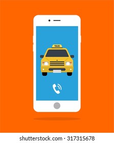 Taxi car vector flat design with smart phone calling driver