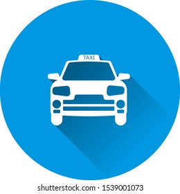 Taxi car vector icon on blue background. Flat image with long shadow.